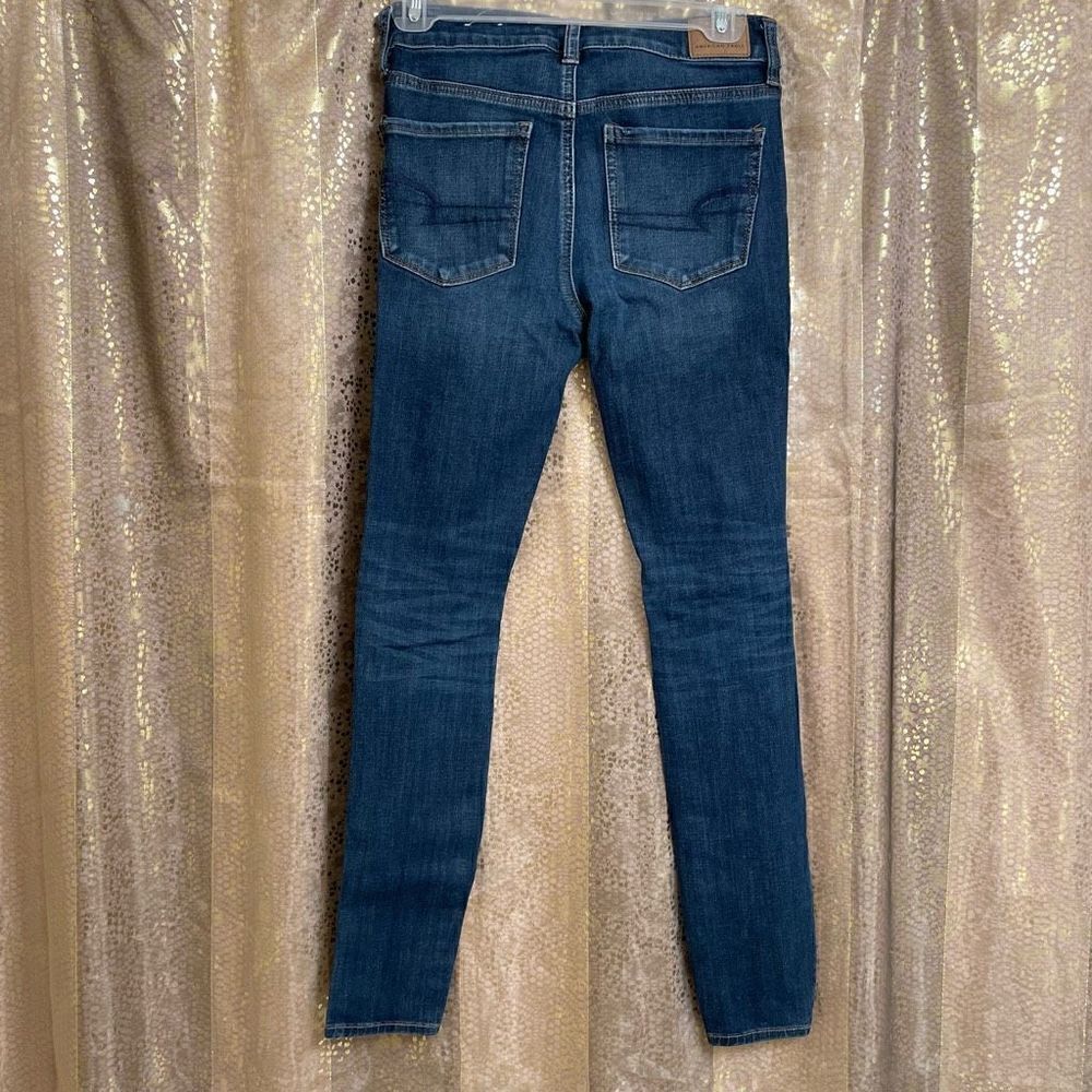 American Eagle Stretch Distressed Patched Dark Wash Hi Rise Jeggings, Size 2 - Picture 2 of 7